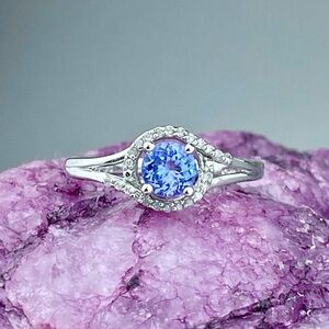 Tanzanite Diamond Pave Halo Platinum Sterling Silver Engagement Ring 7.5 (7 1/2)